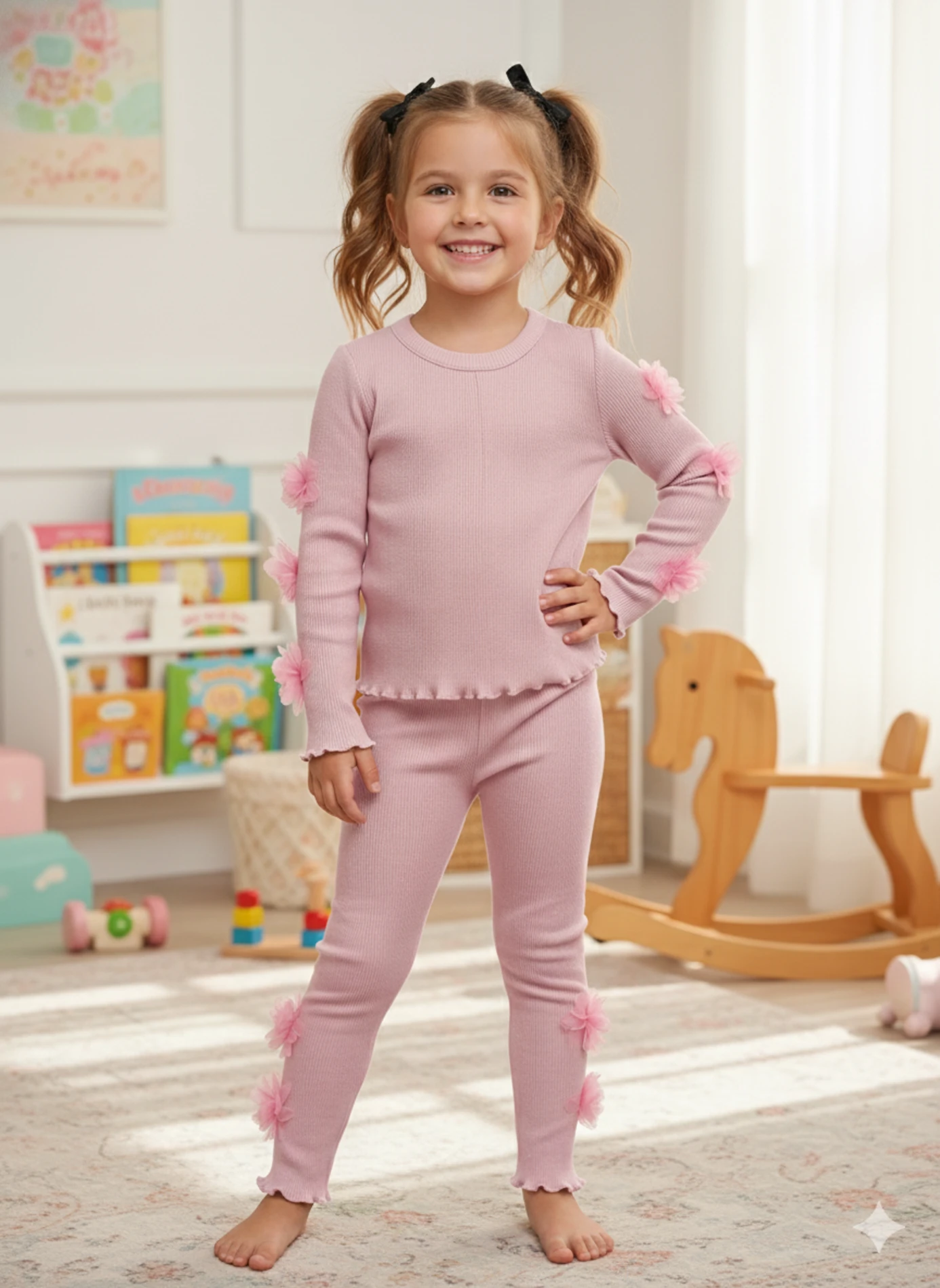 Pembe Çiçek Detaylı Fitilli Takım 