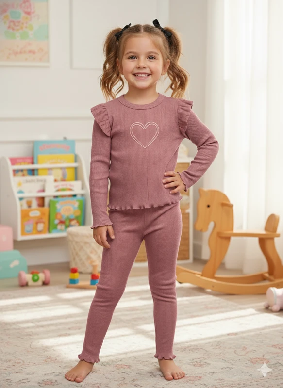 Gül Kurusu Kalp Detaylı Fitilli Takım 