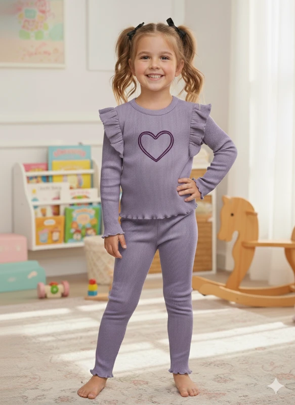 Mor Renk Kalp Detaylı Fitilli Takım 